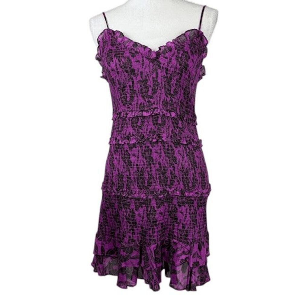 Olivaceous Magenta Purple Black Floral Smocked Ruffle Tiered Mini Dress Large